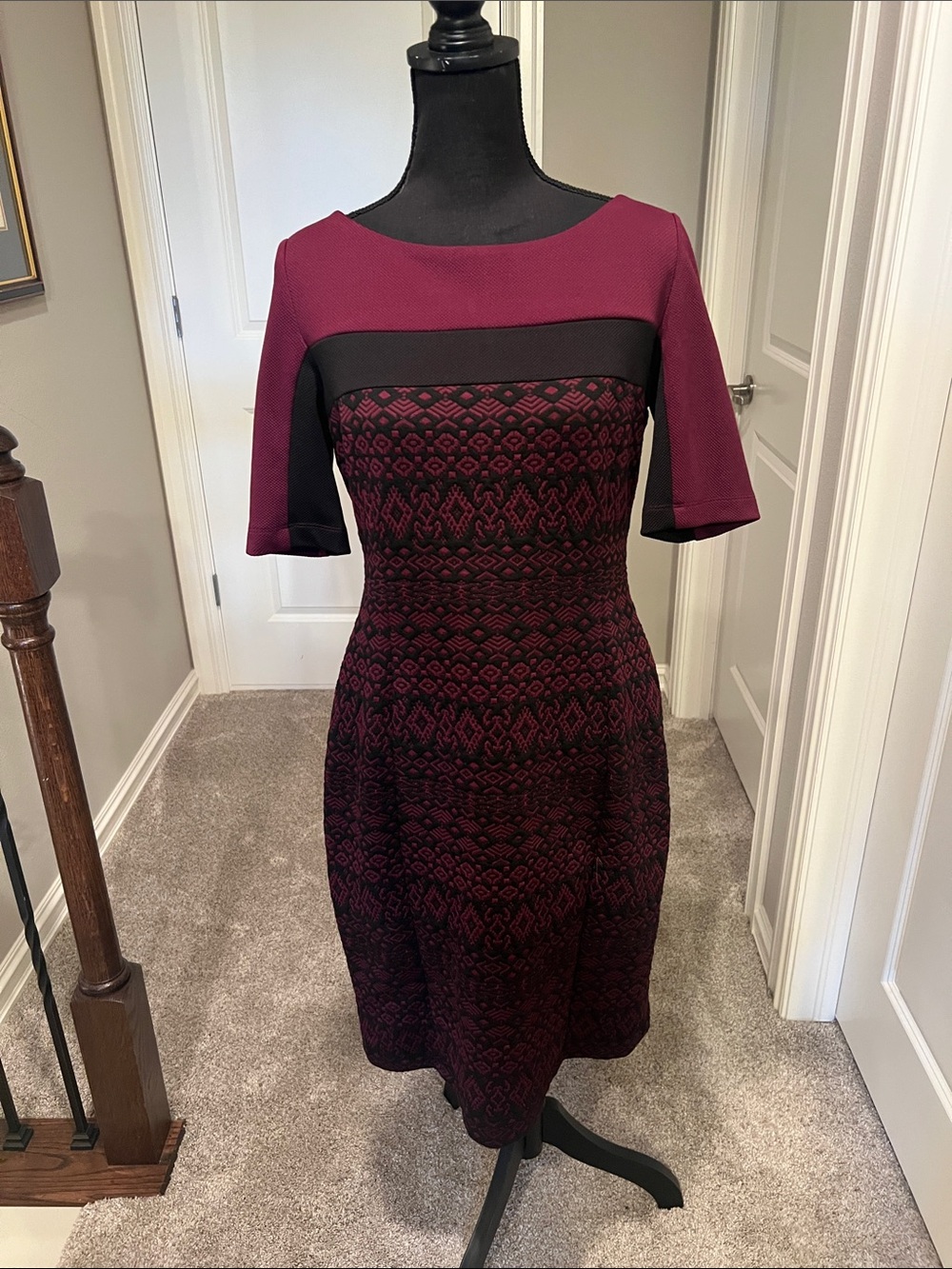Elegant Burgundy and Black Fit-and-Flare Dress